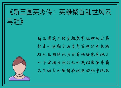 《新三国英杰传：英雄聚首乱世风云再起》